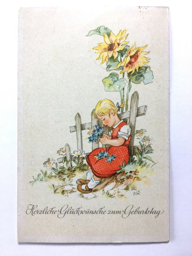 Glückwünsche zum Geburtstag - Mädchen mit Sonnenblumen - Künstlerkarte 110091 TH