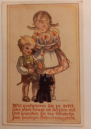 Korresp.karte, Ch.Gross, Junge u. Mädchen, Kerzen, schwarze Katze 500136A gr